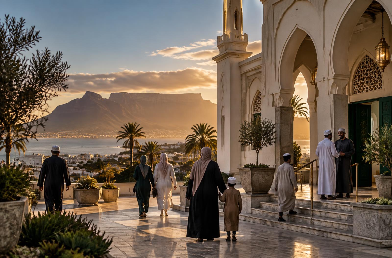 A mosque community gathering in the Cape at sunset
